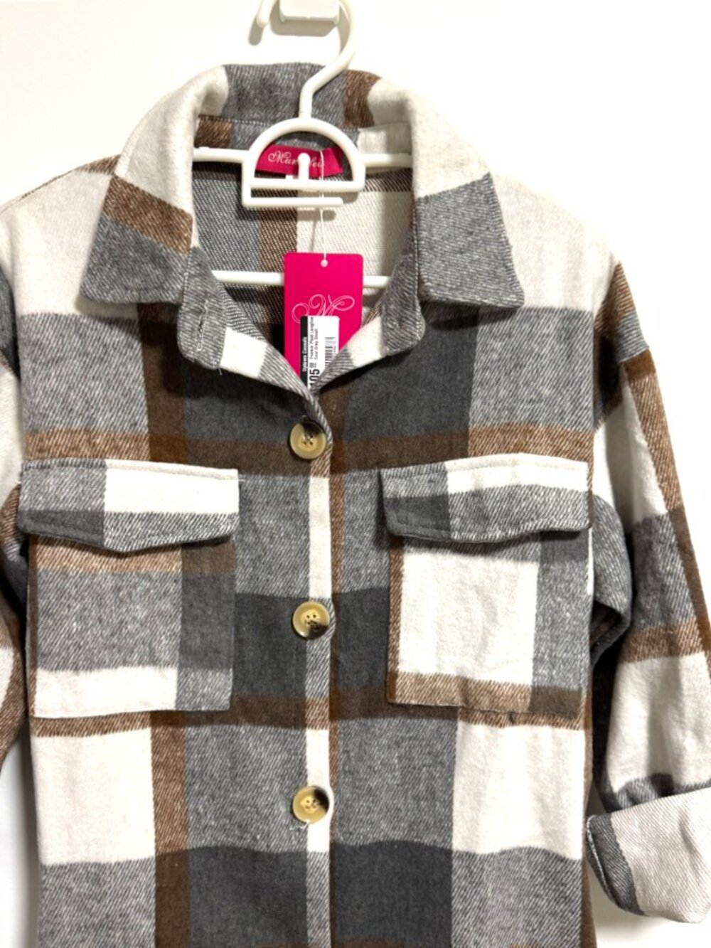 NWT Frankie Plaid Longline Coat / Shacket – Grey Brown Cream Plaid – Size Small